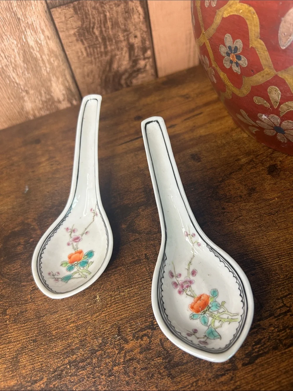 Porcelain Floral Soup Spoons - White with Orange Floral Accent